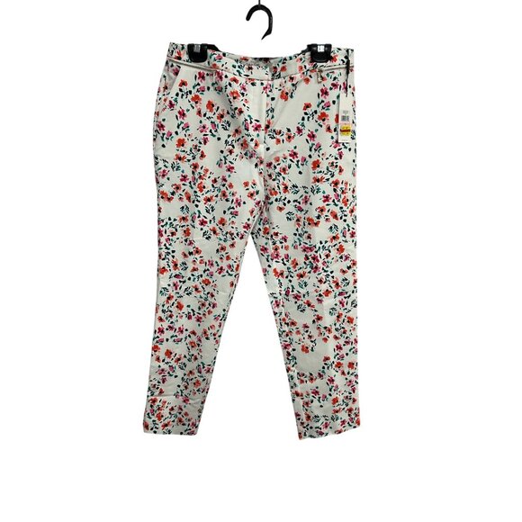 Calvin Klein Floral Pants White Multi Sz 10 Flat Front Mid Rise Bohemian NWT - Picture 1 of 13